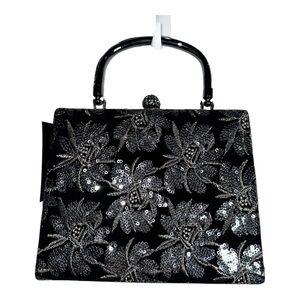 D’MARGEAUX Black Velvet & Silver Sequined Floral Bag Party Wedding Fancy Dinner